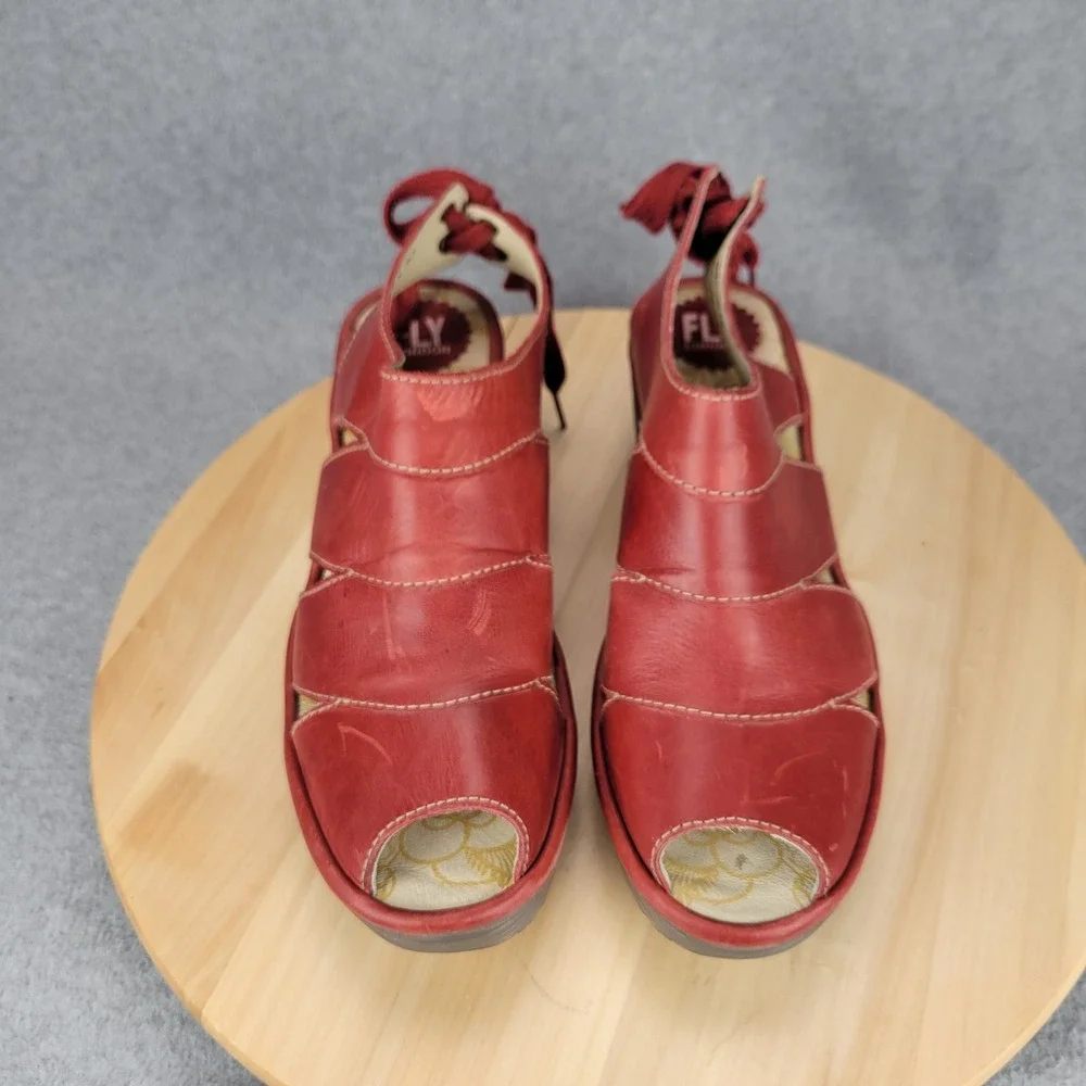 Fly London Yown Red Leather Lace Up Peep‎ Toe Wedge Sandals Portugal 42 US 11.5